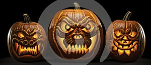 Three Carved Pumpkins With Scary Faces - Halloween Decorations for Spooky Celebrations