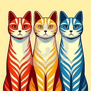 Three cats, each with a distinct color and pattern.