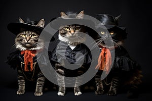 Three cats in Halloween costumes on a black background. Generative AI