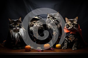 Three cats in Halloween costumes with pumpkins on a black background, Generative AI