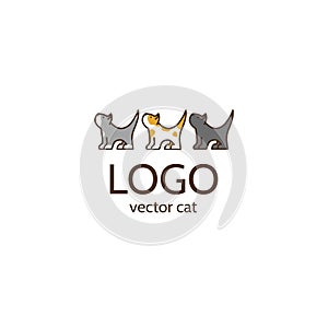 Three cats logo design concept. Cute feline symbol in cartoon style and text. Gray, black and ginger kittens. - Vector