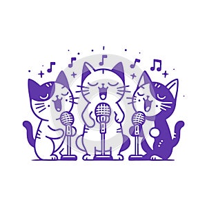 Three Cats Singing into Microphones. Vector Monochrome Illustration on White Background