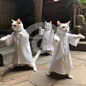 Three cats wearing human tunics playing Tai Chi generative AI