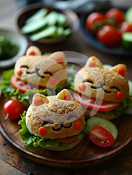 Three catshaped sandwiches with tomatoes and lettuce on a wooden plate