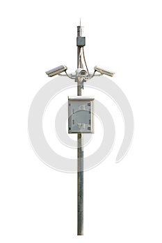 Three CCTV security camera outdoor at steel pole isolated on white background