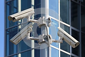 Three cctv security cameras on the street pylon