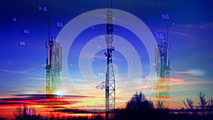 Three cellular communication towers for the 5G transmission of mobile phones and video data . Double exposure