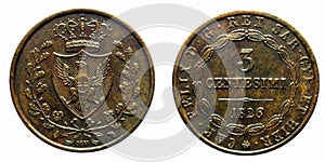 Three cents Lire Savoy Copper Coin 1826 Turin Carlo Felice pre-unification of Italy photo