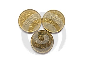 Three 5 cents Singapore coins