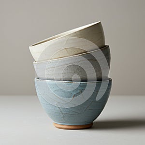 Three ceramic bowls are stacked on a light surface. The top bowl is off-white, the