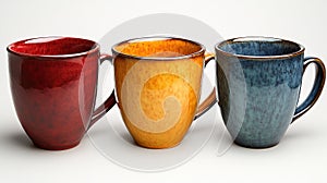 Three ceramic mugs in red, orange, and blue hues on white background