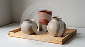 Three ceramic vases are displayed on