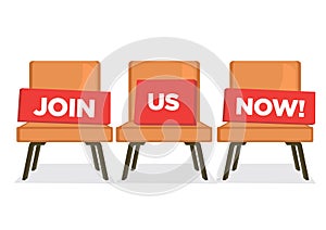 Three chairs with Join Us Now message. Hiring recruitment concept