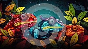 Three chameleons in a jungle setting photo