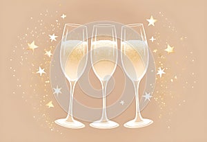 three champagne glasses with gold glitter and gold stars arround it