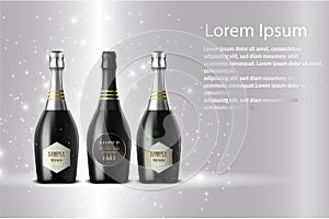 Three champagne wine bottles on sparkling background