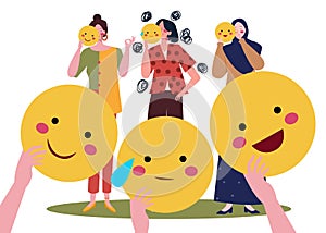 Three character woman holding mask emoticon character smile sad laugh with flat cartoon style.