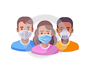 Three characters in face masks flat illustration. Coronavirus protection concept. Different people fighting epidemic together