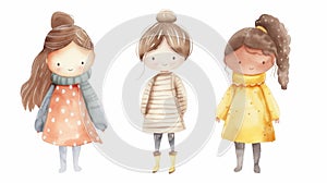 Three charmingly illustrated little girls, each with a unique hairstyle and colorful outfit, are depicted in a warm