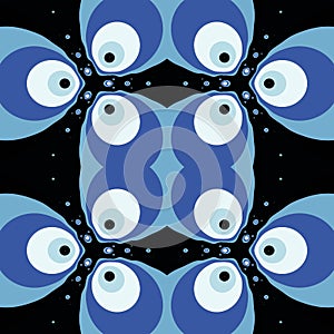 Three chatty blue fish beautiful abstract seamless pattern