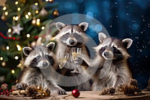 Three cheerful raccoons with glass of champagne in the background of Christmas decorations. Cozy Christmas lights in the