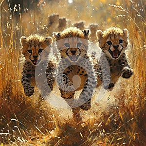 Three Cheetah Cubs Running Through Grass