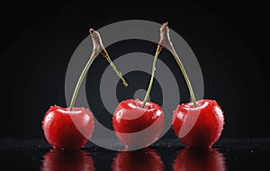 Three cherries stacked on black surface, seedless fruit from flowering plant