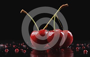 Three cherries stacked on black surface, seedless fruit from flowering plant