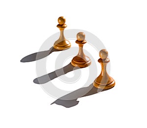 Three chess pawn casting Knight Rook and Bishop shadow