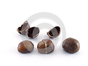 Three chestnuts and nutshell isolated on white background