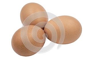 Three chicken eggs on white background