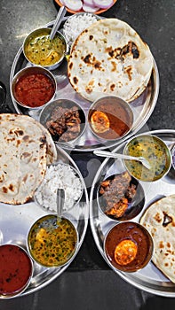 Three chicken thali - indian food from purandar, pune, maharashtra, india