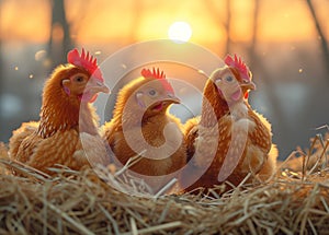 Three chickens sit on hay in the rays of the rising sun