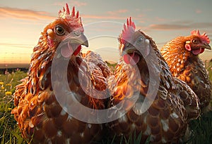 Three chickens sitting in field at sunset