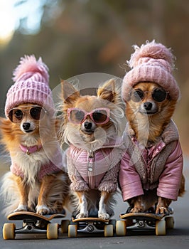Three chihuahuas in pink clothes ride on skateboard. Three cute little dogs