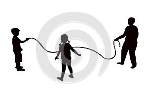 Three children body jumping rope black color silhouette vector