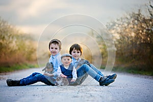 Three children, boy brothers in park, playing with little bunnies