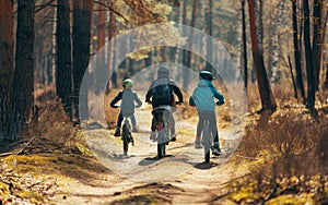 Three children cyclists in helmets ride on a sunlit forest path, surrounded by tall trees and spring foliage.