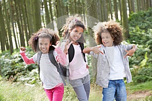 Three Children Exploring Woods Together