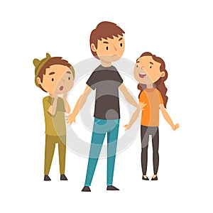 Three children express different emotions cartoon vector illustration