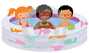 Three children of friends in an inflatable pool