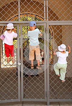 Three children hang on grill of gate