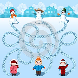 Three children make three snowmen. Find whose is where? Children`s picture with a riddle