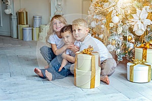 Three children near Christmas tree at home