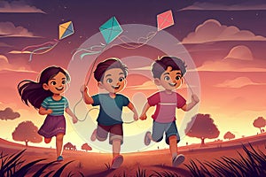 Three children are running in field with kites