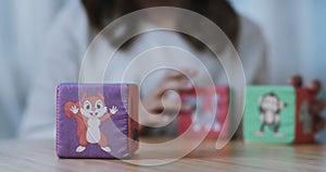 Three children's plush cubes with images of a squirrel, a cat, a mouse, a monkey and a rhinoceros.