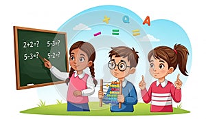 Kids solving math problems on chalkboard.
