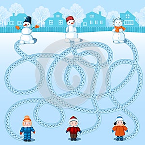 Three children in winter coats make three snowmen. Find whose is where? Picture with a riddle