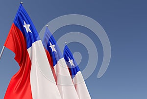 Three Chile flags on flagpole on blue background. Place for text. The flag is unfurling in wind. Santiago, South America. 3D