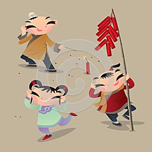 Three Chinese kid playing firecrackers